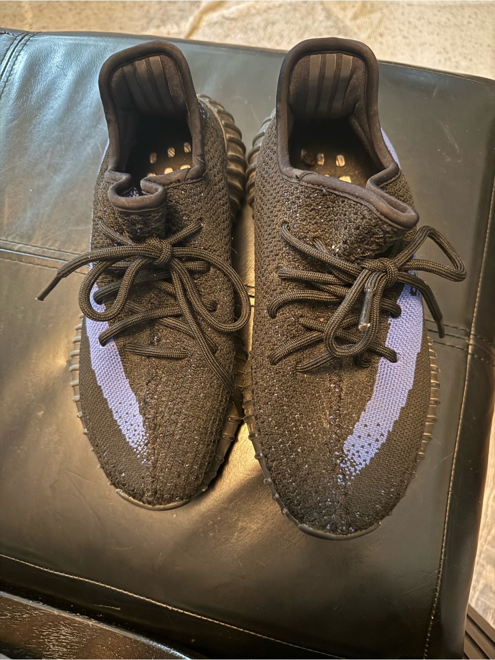 Yeezy Men's Black Sneakers with Purple Stripe